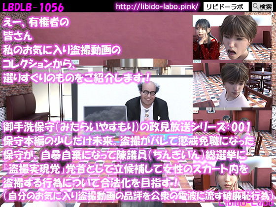 【●△100】御手洗保守（みたらいやすもり）の政見放送シリーズ:001＋ 保守本編の少しだけ未来。盗撮がバレて懲戒免職になった保守が、自暴自棄になって陳議員総選挙に『盗撮実現党』党首として立候補して女性のスカート内を盗撮する行為について合法化を目指す！（破廉恥政見放送が、ランチ時のOLの眼に触れた！）